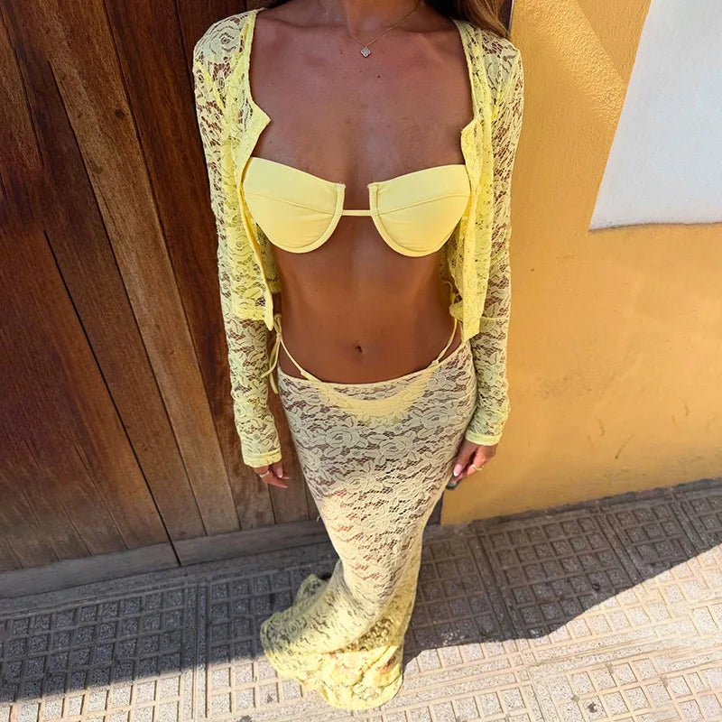 Fall Two Piece Sets See Through Lace Long Sleeve Cardigan Top and Maxi Skirt Set Sexy Beach Vacation Outfits