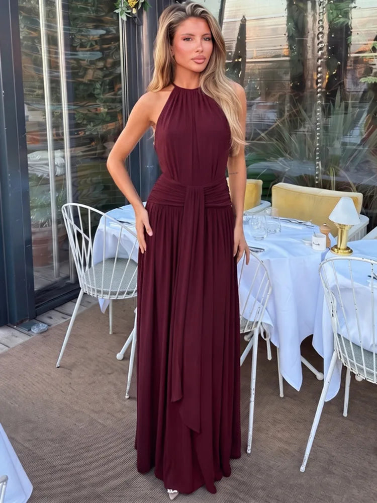 Women Halter Neck Sexy Maxi Dress Sleeveless Ruched Waist Draped Long Dress Elegant Evening Party Wedding Guest Dresses