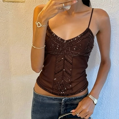 Sexy Women Sequin Beaded Mesh Cami Top Spaghetti Strap V Neck Fitted Sheer Camisole for Nightclub Party Festival Outfits