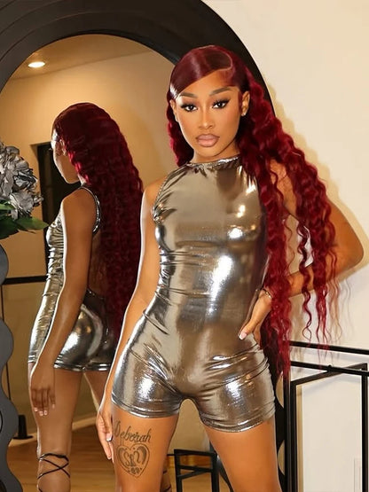 Silky Sexy Playsuit Women Backless Coquette Sleeveless Summer Hipster Shiny Skinny Fit Stretch Activity Club Romper
