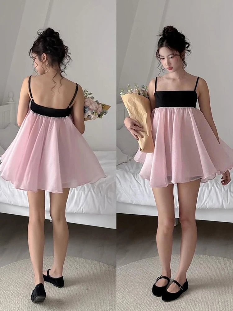 Patchwork Mesh Dress Women Ruffles Low-Neck Sleeveless Sweet Summer New Trend Beach Party Vacation Chic Mini Bodycon