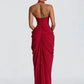 Wine Red Halter Deep V Maxi Dress Women Elegant Draped Ruched High Split Bodycon Cocktail Wedding Club Party Dresses