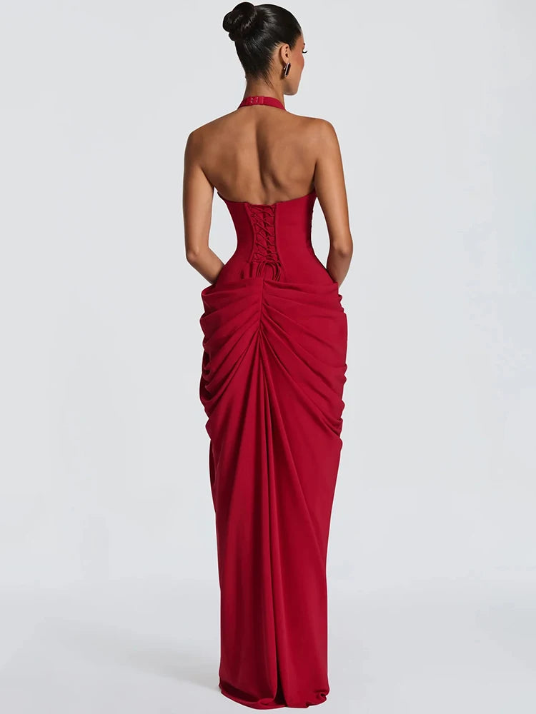 Wine Red Halter Deep V Maxi Dress Women Elegant Draped Ruched High Split Bodycon Cocktail Wedding Club Party Dresses