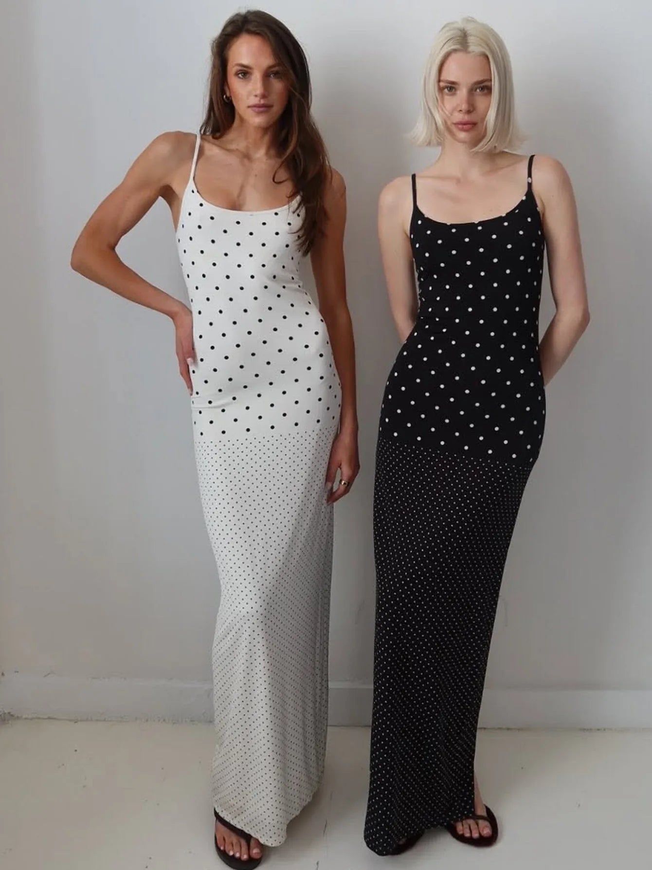 Polka Dot Slip Dress White Black French Style Elegant Sleeveless Backless Long Maxi Dresses for Woman