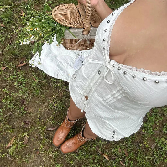 Women Y2K Sleeveless Button Tie Front Top and Shorts Lace Trim 2 Piece Set Summer Sweet Girl Vintage Mini Shorts Outfit