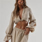 Women Deep V Front Twisted Knot Cropped Blouse Lapel Collar Long Lantern Puff Sleeve Slim Crop Top Solid Casual Shirt