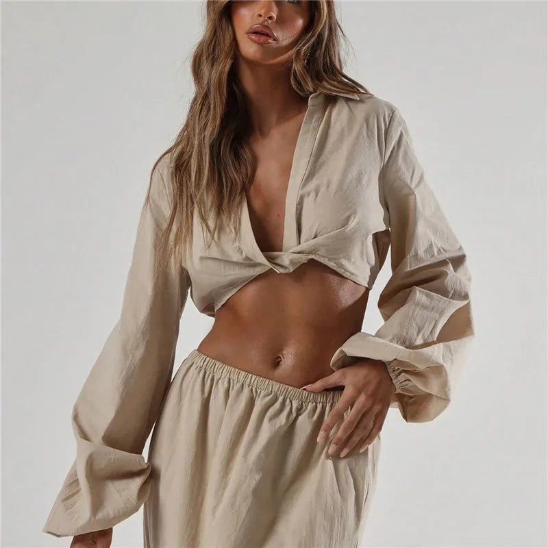 Women Deep V Front Twisted Knot Cropped Blouse Lapel Collar Long Lantern Puff Sleeve Slim Crop Top Solid Casual Shirt