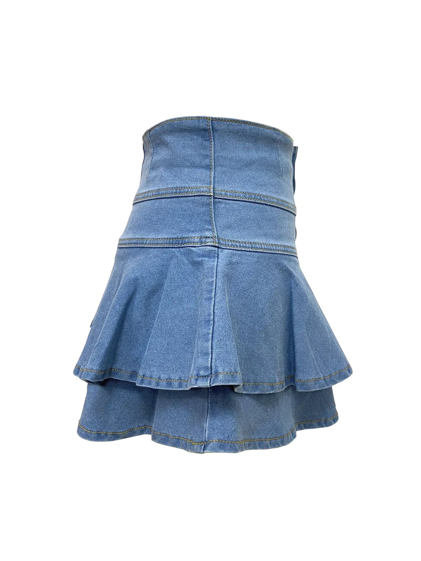 Sexy Denim Tierred Skirt Women Summer Casual High Waist A-line Buttons Beach Holiday Street Wash Blue Jeans Bottom