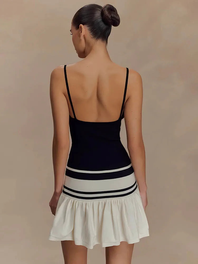 Summer Patchwork Sexy Mini Dress Women Fashion Spaghetti Strap Sleeveless Backless Ruffle Club Party Dress Elegant