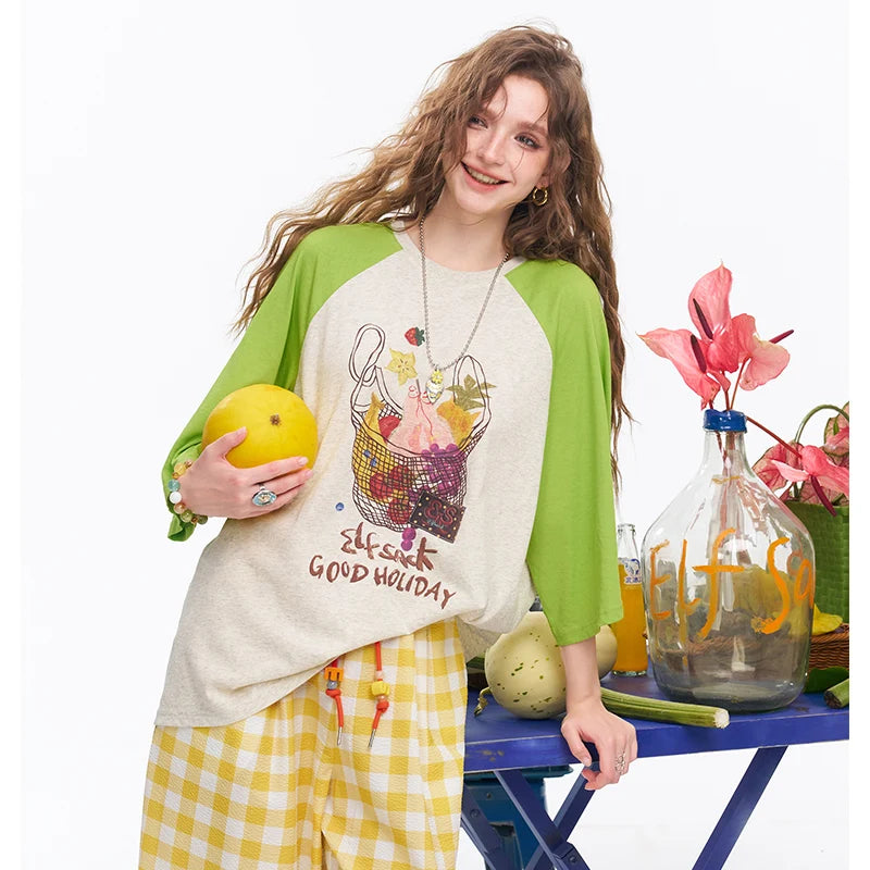 Women's Raglan 3/4 Sleeve T-Shirt with Fruit Basket Graphic Print, Color Block Loose Tee for Daily, Casual Oversized Top