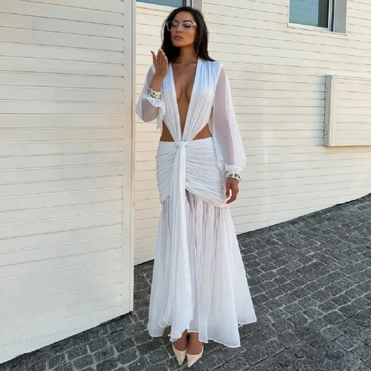 White Mesh Deep V Neck Long Sleeve Pleated Maxi Dresses Woman Elegant Party Dress Wedding Guest