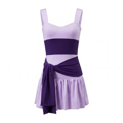 Summer Color Block Mini Dress Women Wide Strap Sweetheart Neck Side Sash Tie Fake Two Piece Skort Dress Beach Vacation