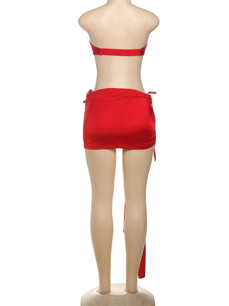 Beach Vacation 3 Piece Set Women Sexy Starfish Tube+Bandage Thong+Side Ribbon Ruched Skirts Matching Club Swimsuit