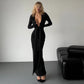 Sexy Low-cut Long Sleeve Maxi Dresses for Woman Elegant Black Dress Autumn 2025