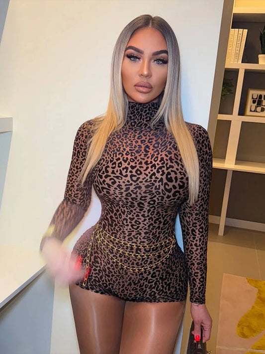 Leopard Print Romper Women See Through Sexy Full Sleeve Turtleneck Fall Fit Skinny Playsuit Stretch Midnight Clubwear