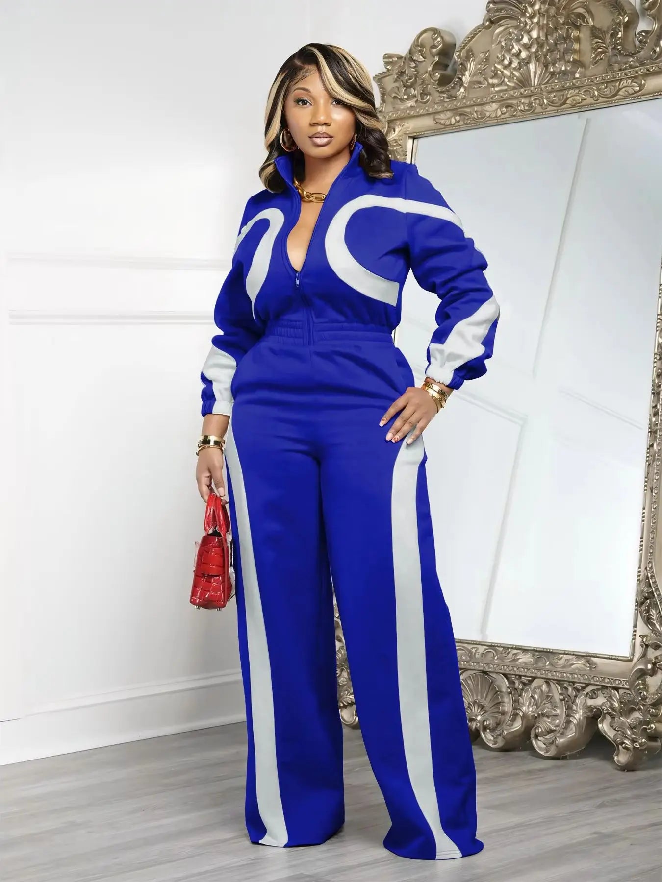 Sporty Patchwork Jumpsuit Women Casual Lapel Spring Ternd Full Sleeve Zip Stretch Hipster Streetwear Straight Overall