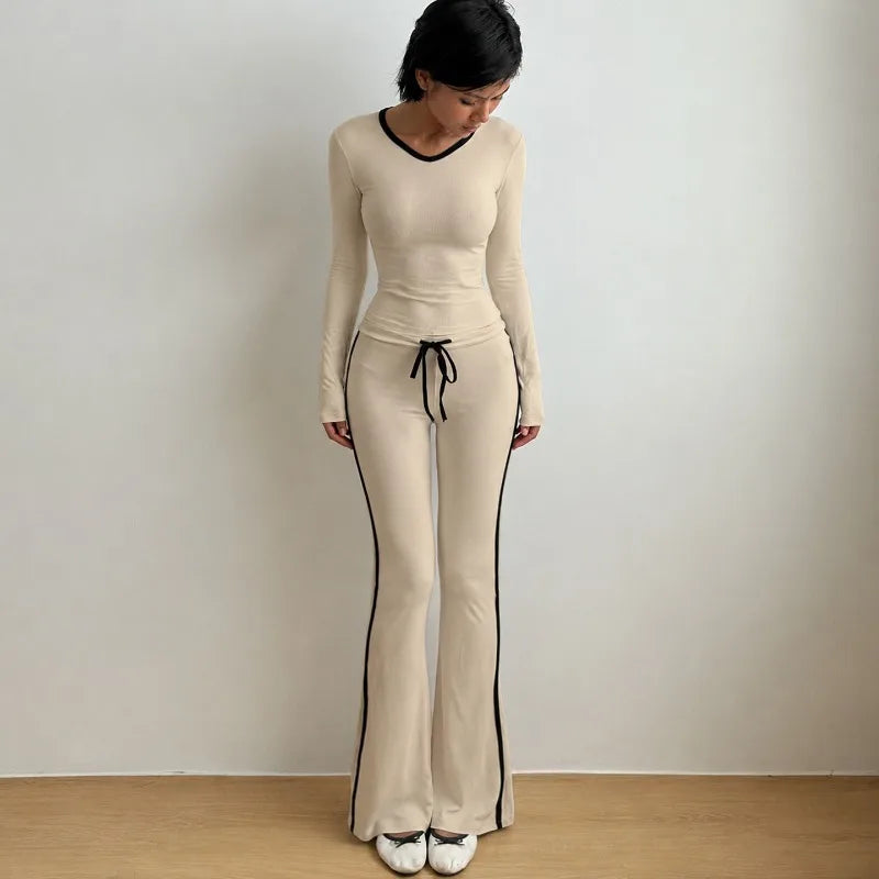 2 Piece Set Black Side Strip Long Sleeve Top and Flare Pants Sports Casual Fall Outfits Woman Loungewear Sets