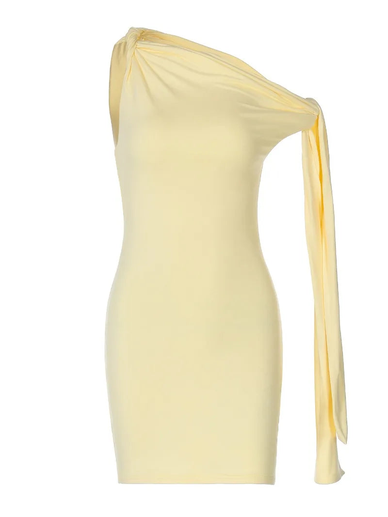 Twisted Lace Up One Shoulder Mini Dress Black Yellow Sleeveless Bodycon Dress Sexy Clothes for Woman Clubwear