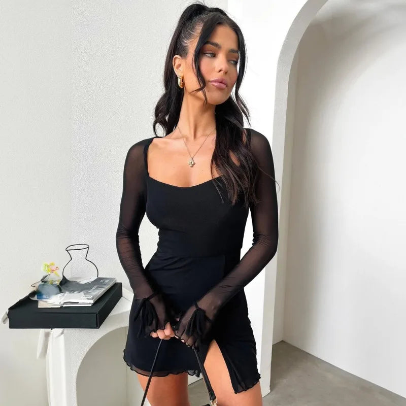 See Through Mesh Long Sleeve Dress White Black Sexy Club Outfits Square Neck Slit Mini Dresses for Women