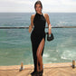Asymmetrical Halter Backless Split Long Dresses Sexy Vacation Outfits Women's Summer Dresses Burgundy
