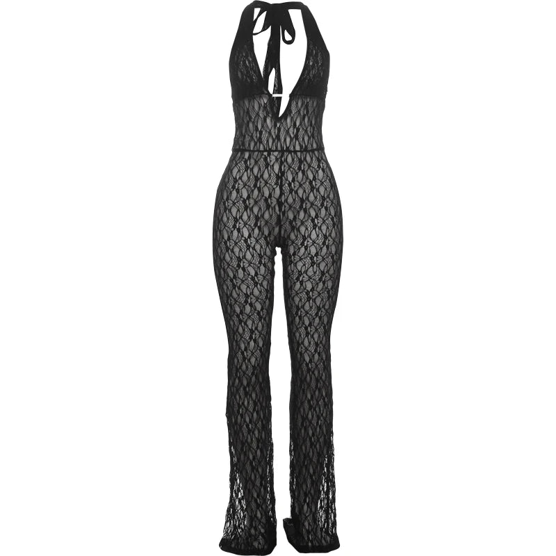 Sexy Mesh Halter Jumpsuit Women Backless Skinny Low-Neck Midnight Birthday Party Clubwear Activity Workout Overalls