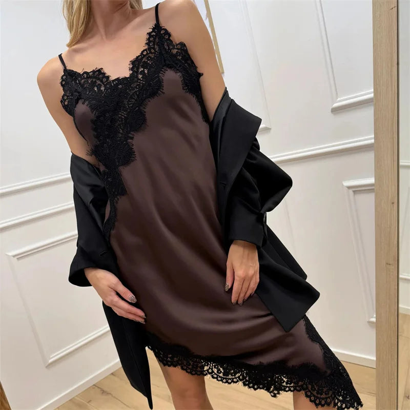 Sleeveless Spaghetti Strap V Neck Lace Patchwork Satin Dress Women's Midi Cami Dress Fashion Summer Party Club Dress