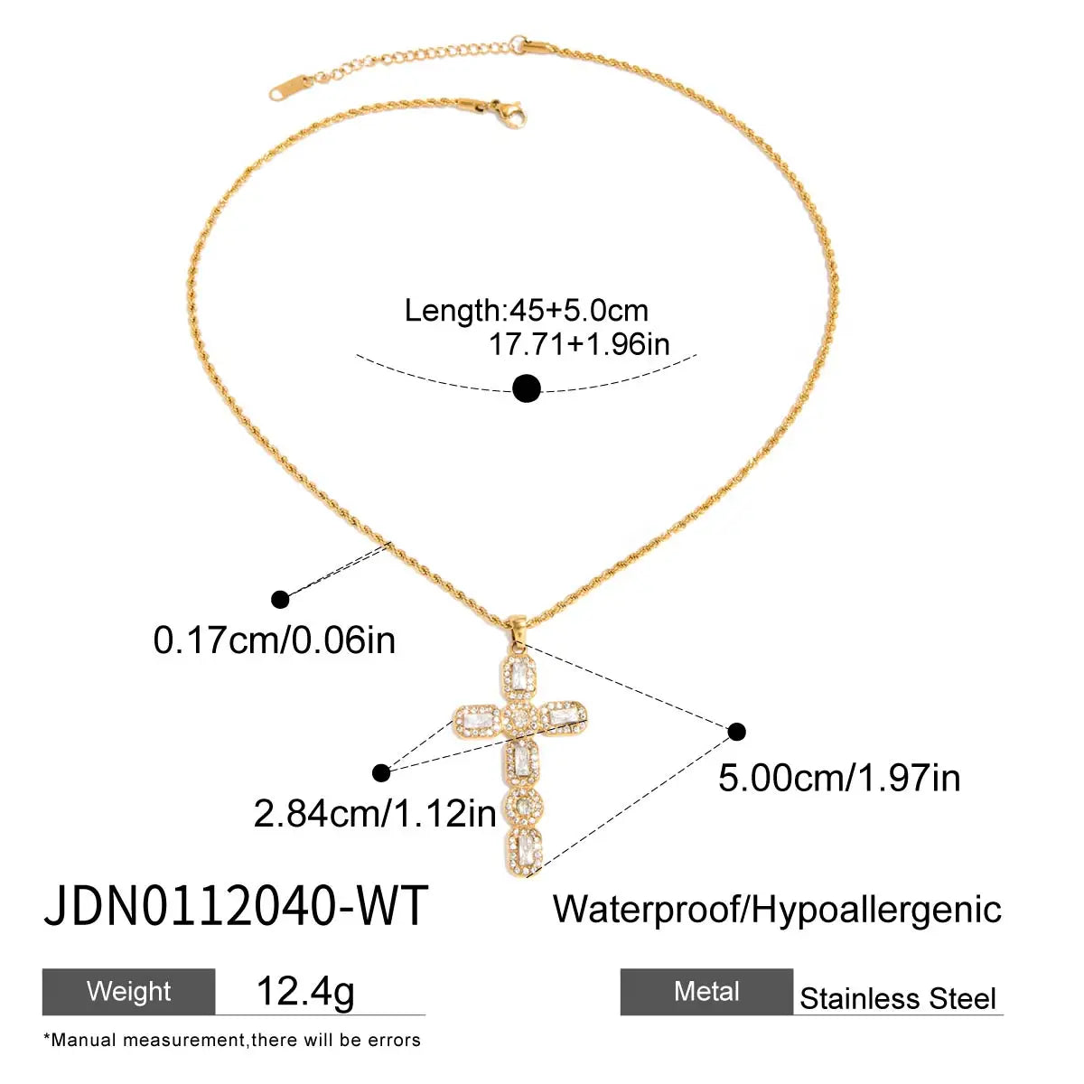 Y2K Patchwork Chain Design Stainless Steel Necklace Paperclip + Glossy Pentagram Cross with Zirconia Pendant Necklace