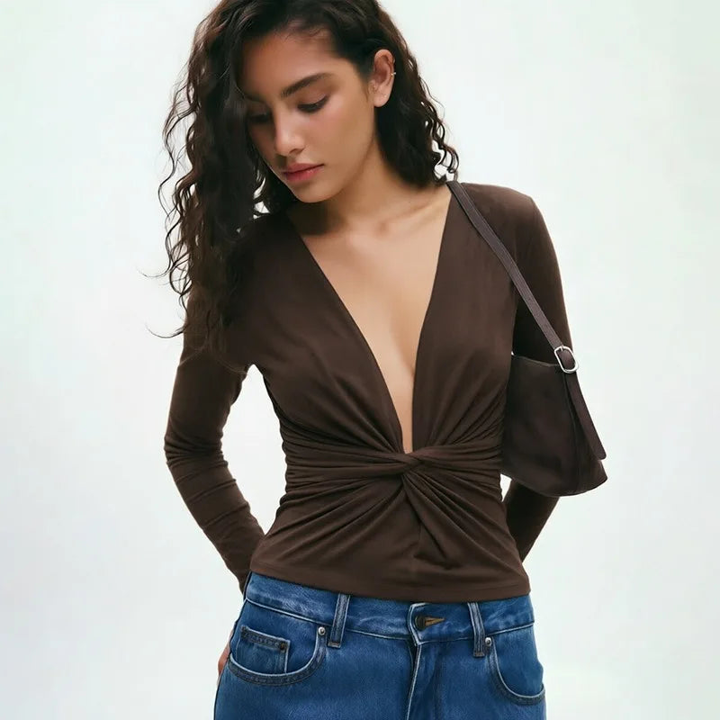 Twist-front Deep V Neck Long Sleeve Backless Top Brown White Black Slim Fitted T Shirt for Woman Fall Clothes