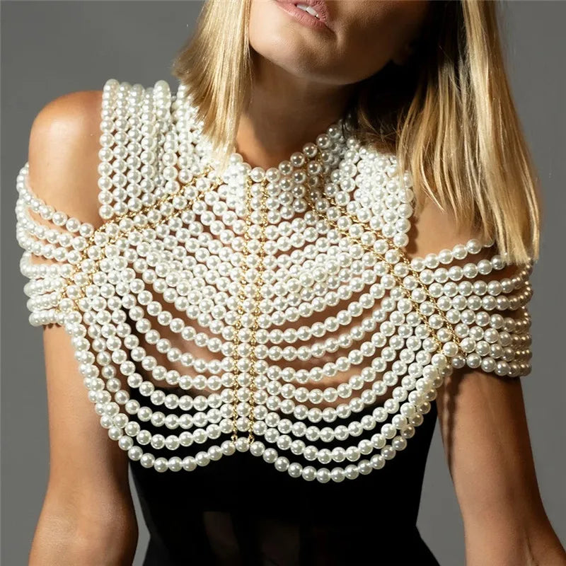Women Handmade Multi Layer Pearl Beaded Shoulder Shawl Body Chain Necklace Elegant Wedding Party Jewelry Accessory
