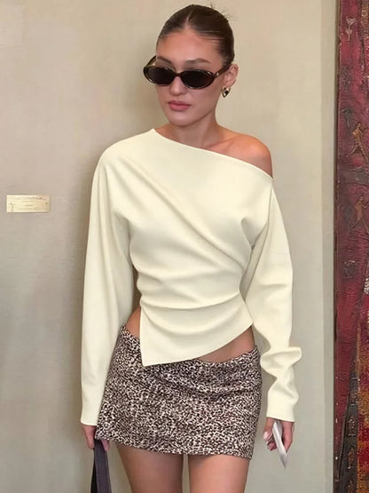 Inclined Shoulder Long Sleeve Sexy T-shirt Women Autumn Fashion Solid Skew Collar Backless Ruched Club Party T-shirts