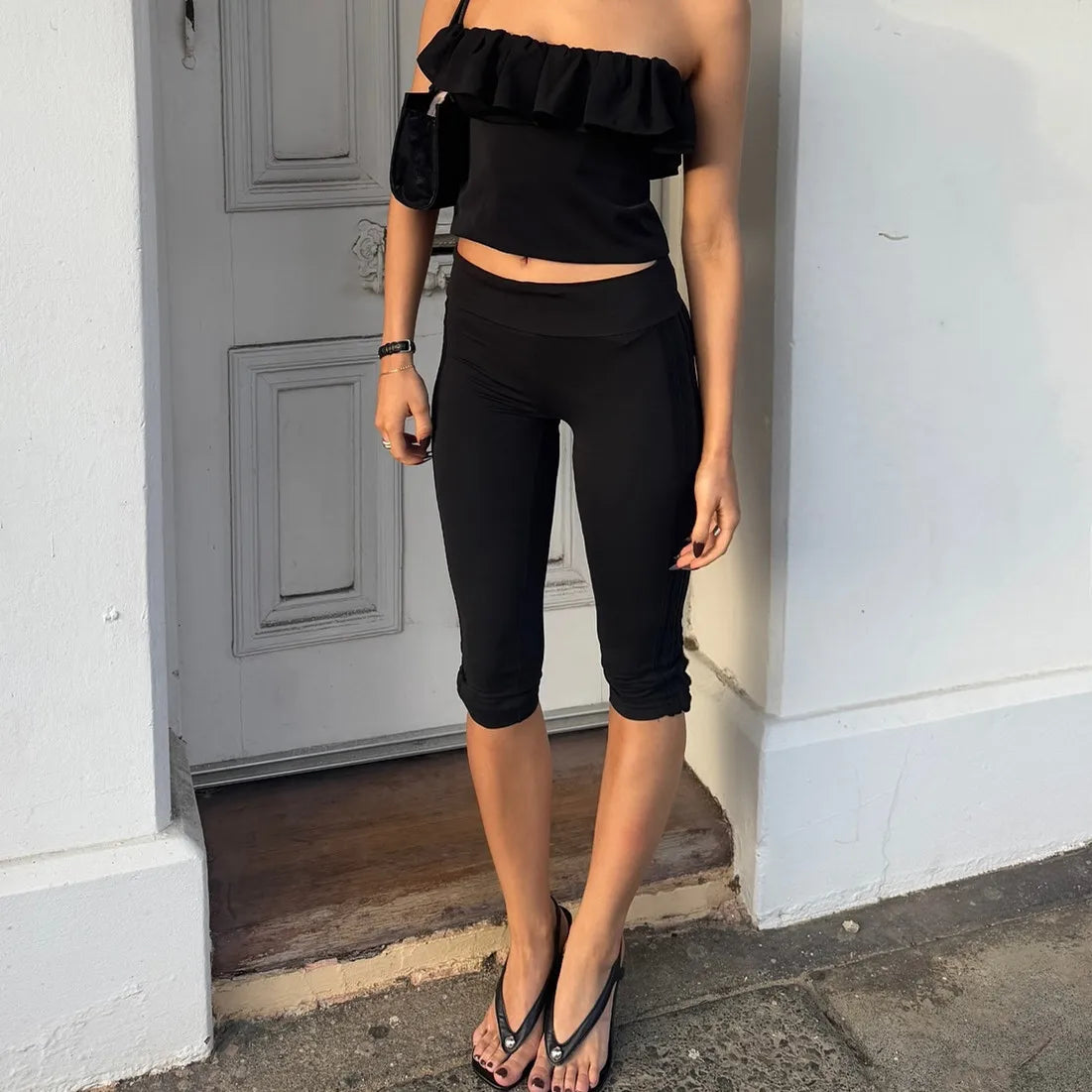 Low Rise Split Hem 3/4 Length Skinny Pants Women Solid Fold Over Waistband Capri Leggings Casual Summer Streetwear Yoga Pants