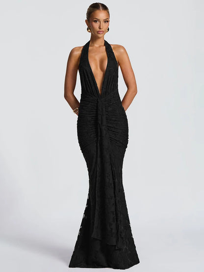 Halter Deep V Neck Sexy Maxi Dress Women Gown Fashion Sleeveless Backless Draped Ruched Club Party Long Dress Female