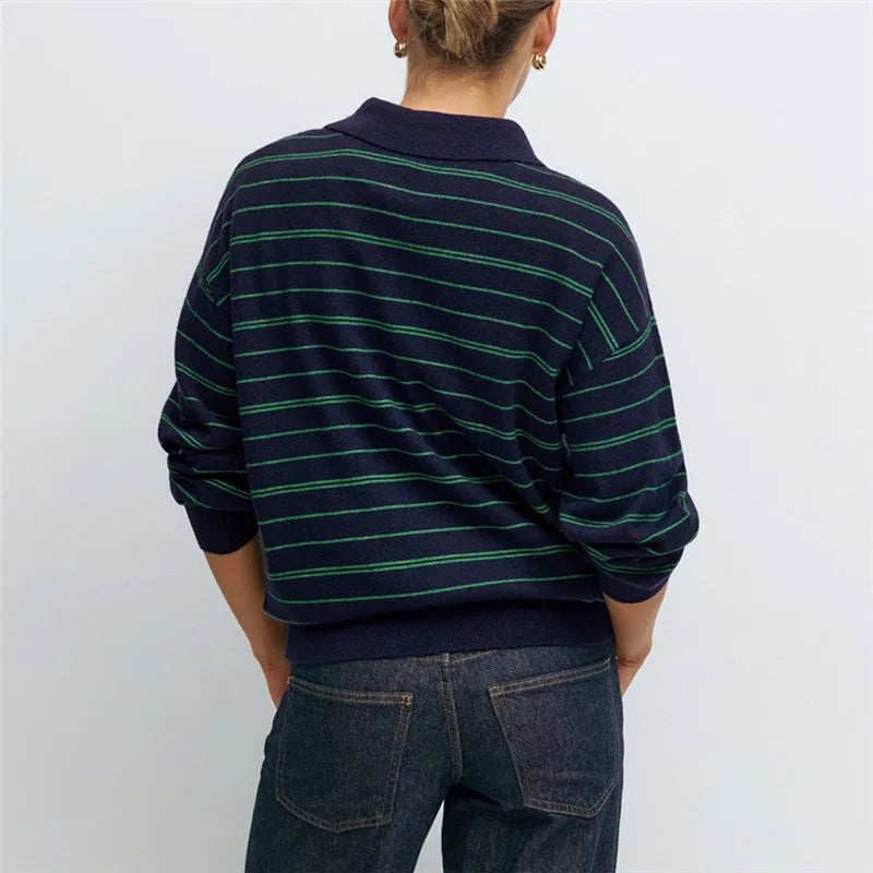 Women Knit Oversized Striped Sweater Tops Winter Warm Long Sleeve Turn-down Collar Loose Fit Tops Y2K Streetwear