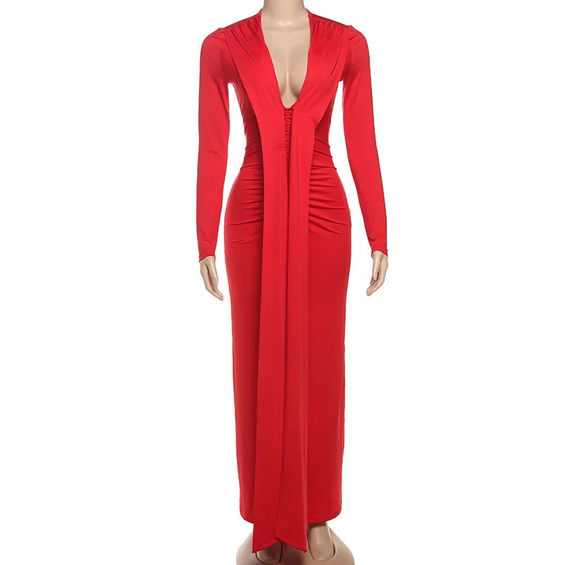 Sexy Low-cut Long Sleeve Maxi Dresses for Woman Elegant Black Dress Autumn 2025