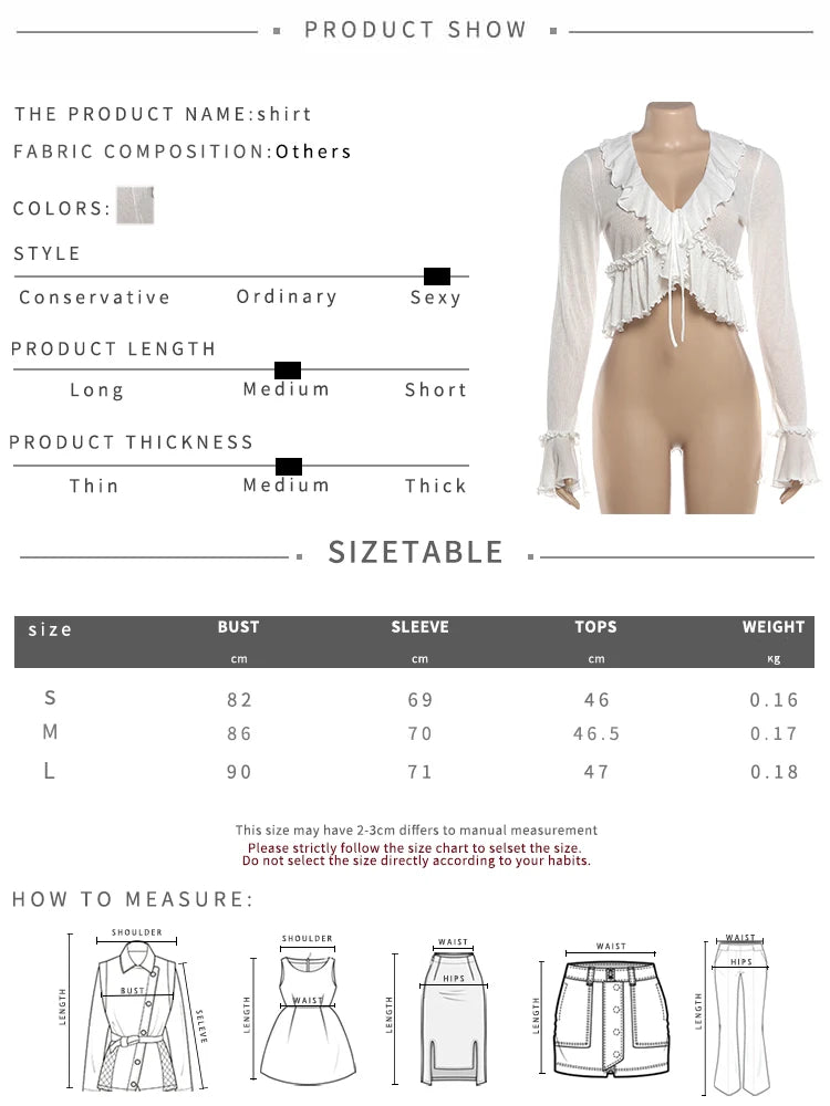 Ruffled Patchwork T-Shirt Women Autumn Simple See Through Bell Sleeve Bandages Fashion Trend Street Party Crop Tess