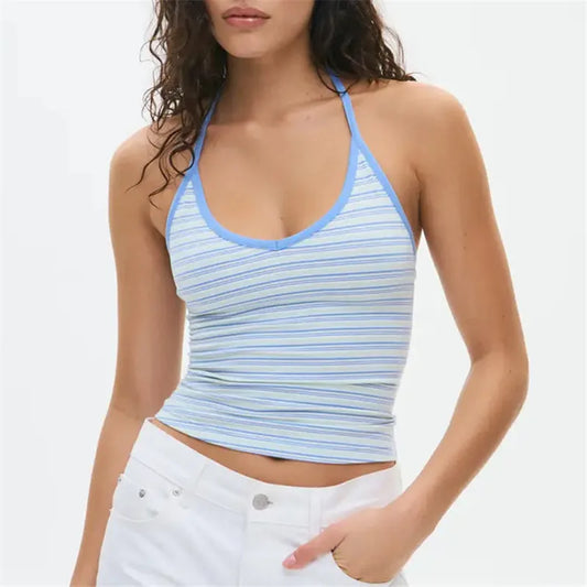Halter Neck Tank Tops for Women Y2K Striped Scoop Neck Slim Fit Sleeveless Cami Tops Trendy Summer Casual Going Out Vest