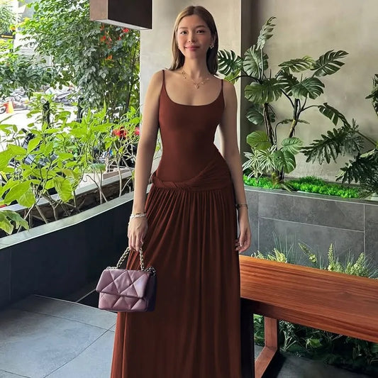 Twisted Spaghetti Strap Backless Long Dresses Summer Outfit Woman French Style Elegant Black Dress