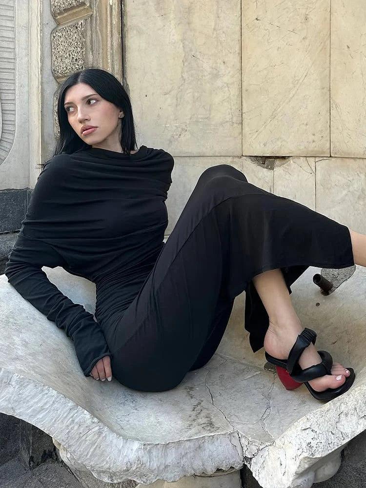 Classic Chic Hooded Dress Women Fall Elegant Basic Swing Collar Full Sleeve Stretch Skinny Slits Party Streetwear