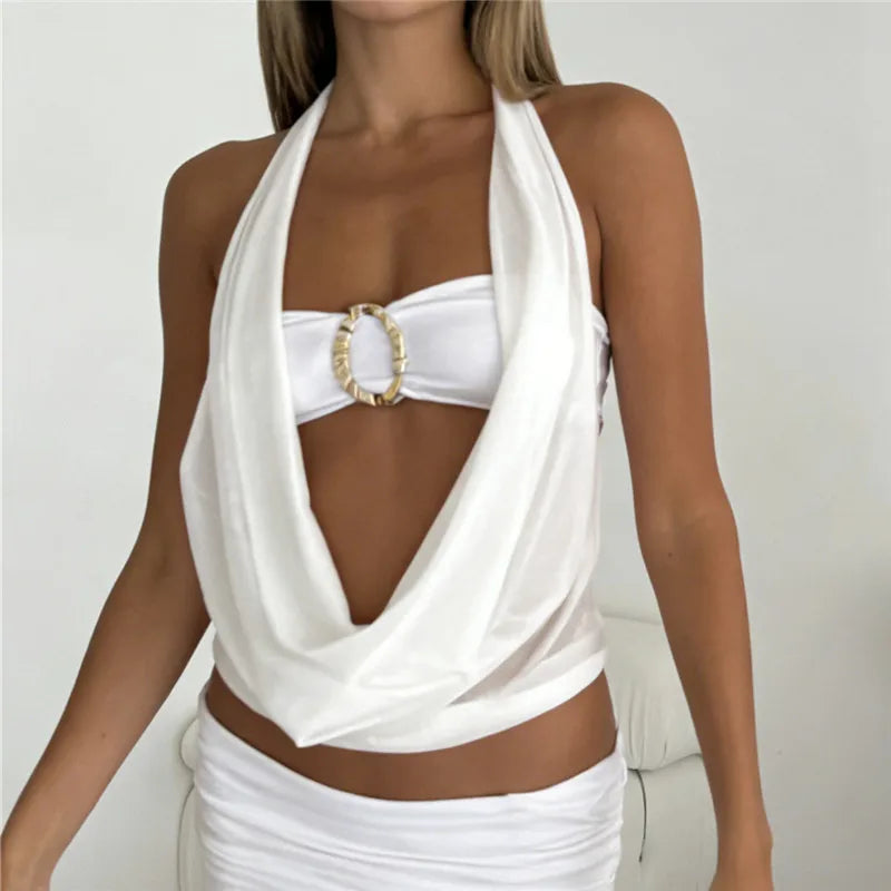 Halter Neck Mesh Top for Women with Gold Buckle Draped Cowl Neck Sheer Cropped Sleeveless Backless Party Top