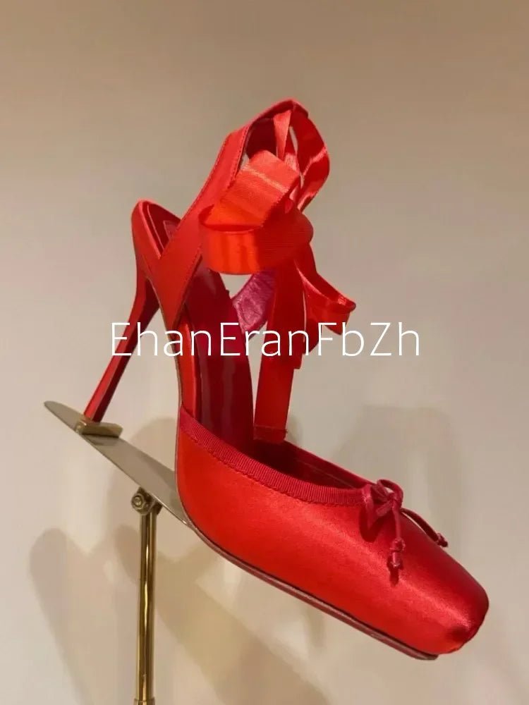 2026 Women's New Summer Square Satin High Heel Sandals with Ankle Strap, Fashionable Party and Banquet Ballet High Heels