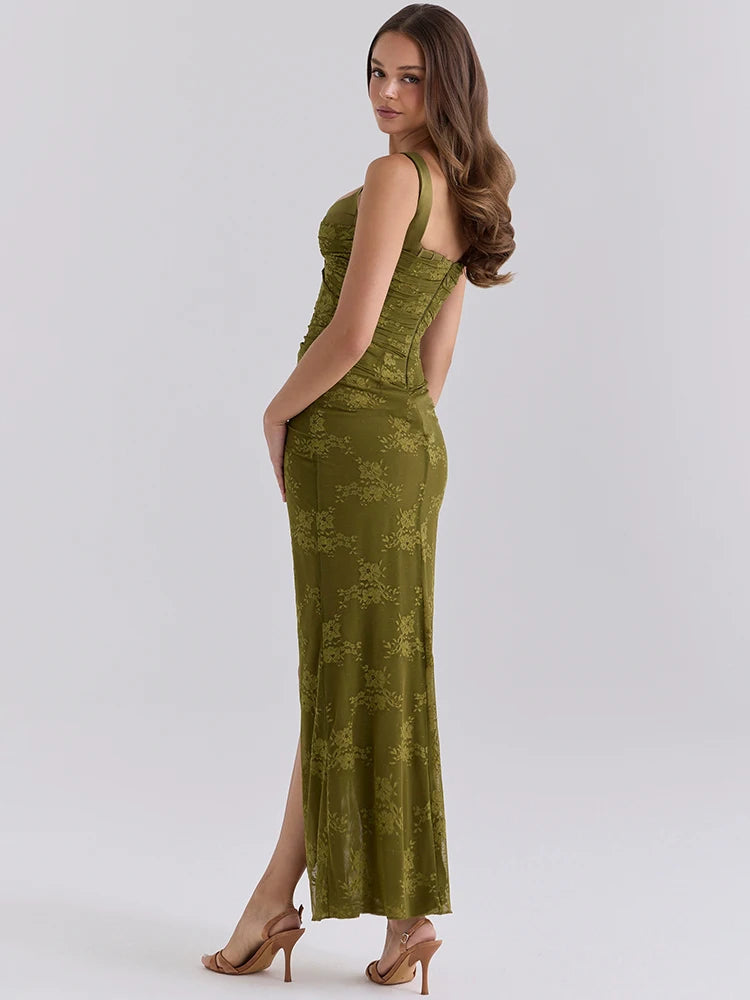 Floral Mesh Maxi Dress Women Sweetheart Wide Strap Ruched High Slit Bodycon Formal Evening Wedding Guest Long Dress