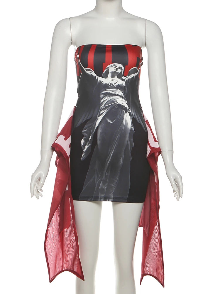 Fashion Print Mini Dress Women Sexy Off Shoulder Sleeveless Backless Skinny Peach Hip Hot Girls Wild Style Outfits