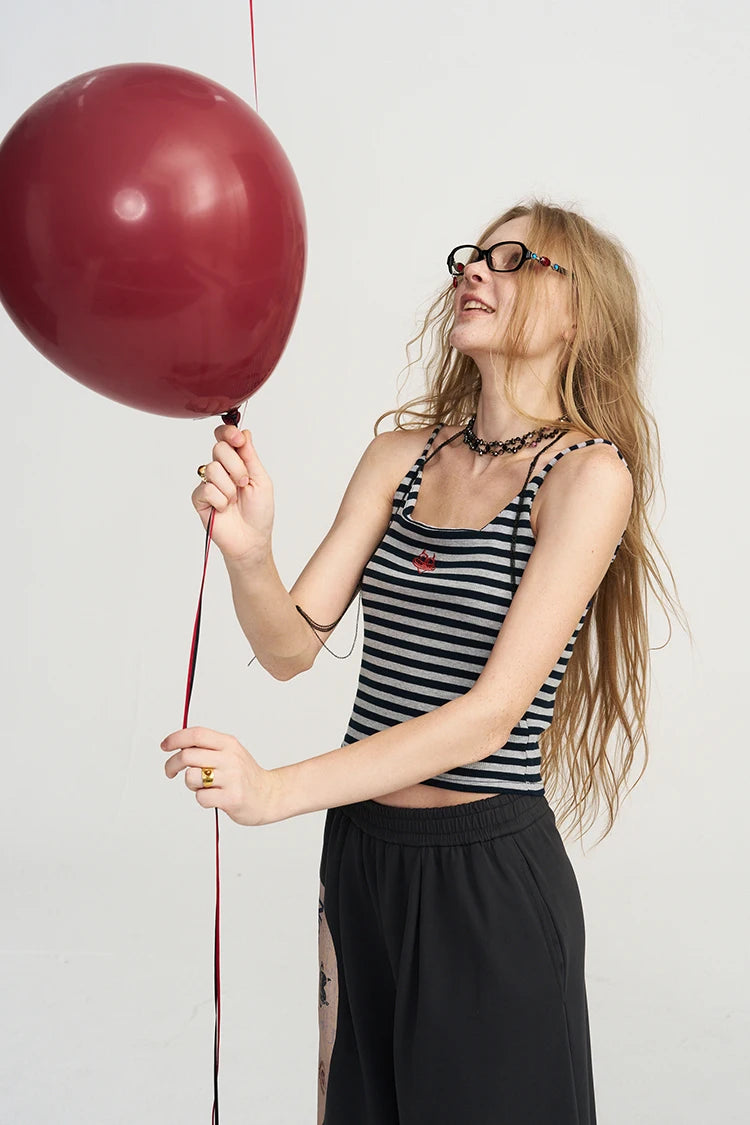 Women's Striped Spaghetti Strap Cami with Red Graphic, Sleeveless Square Neck Crop Top for Everyday Casual
