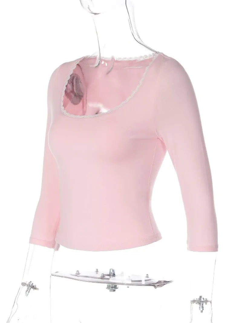 Lace Trim Scoop Neck Half Sleeve Crop Tops for Woman Pink T Shirts 2026 Fall Cutecore Clothes 2000s