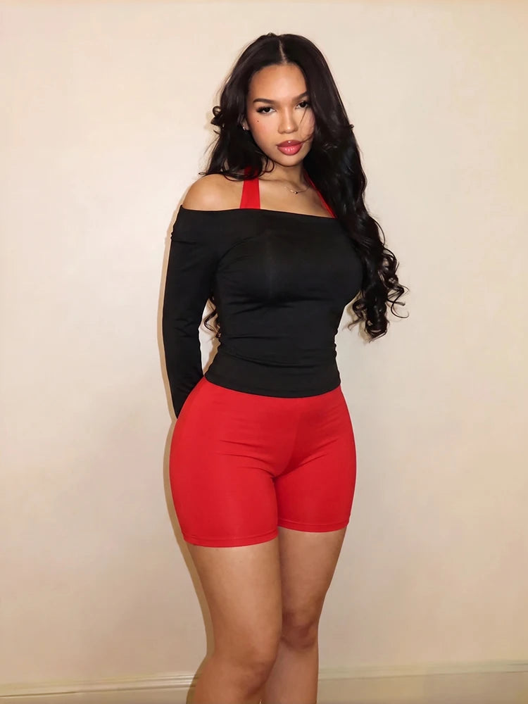 Color-Blocking Match 2 Piece Set Woman Slash Neck Full Sleeve T-Shirts+Halter Backless Skinny Peach Hip Rompers Suits