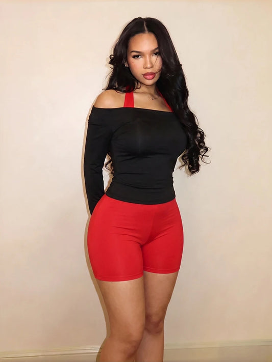 Color-Blocking Match 2 Piece Set Woman Slash Neck Full Sleeve T-Shirts+Halter Backless Skinny Peach Hip Rompers Suits