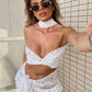 Sexy See Through 2 Piece Set Women Halter Cross Low-Neck Bandages Mini Tops+Ruched Lace-Up Skirts Y2K Style Outfits