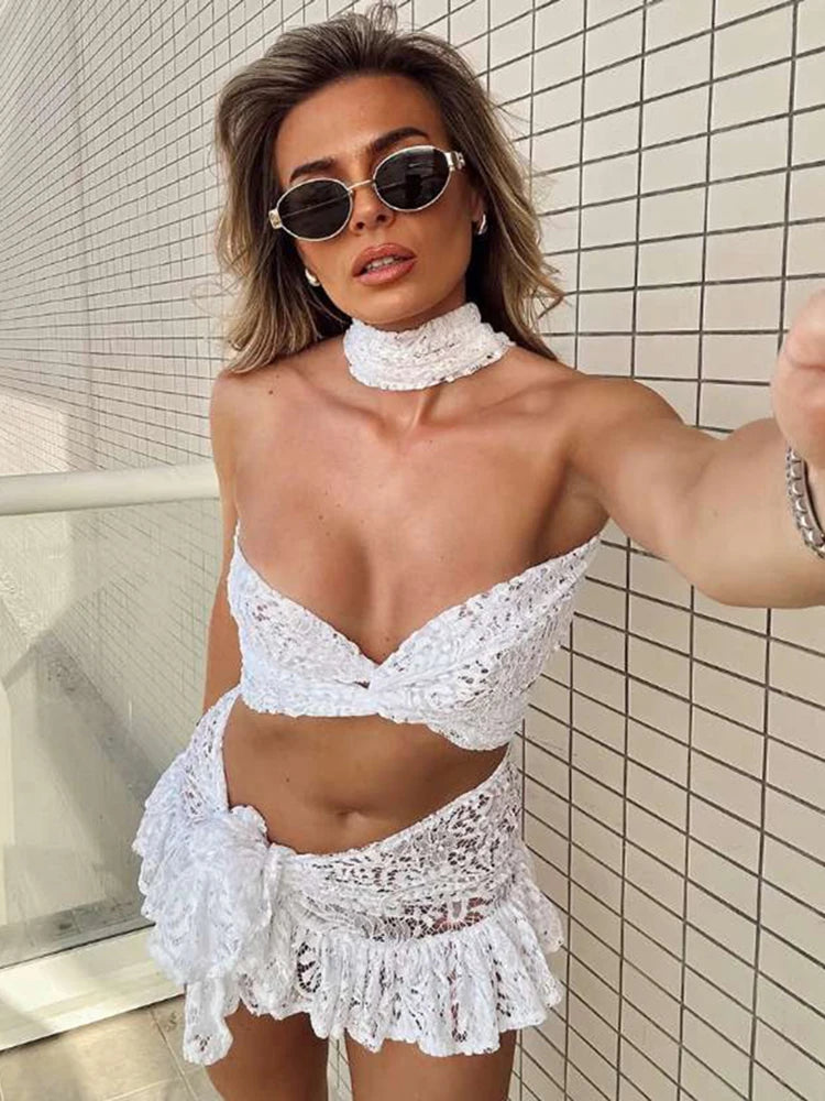 Sexy See Through 2 Piece Set Women Halter Cross Low-Neck Bandages Mini Tops+Ruched Lace-Up Skirts Y2K Style Outfits