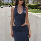 Women Navy Blue Halter Neck Two Piece Outfit Ruched Drawstring Asymmetrical Top And Mini Skirt Set Female Dress Set