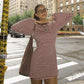 Brown and Pink Striped Crew Neck Long Sleeve Mini Dress Woman Clothes Fall Casual Loose Dresses